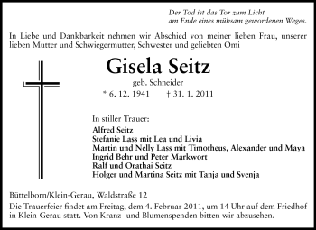 Traueranzeige von Gisela Seitz von Rüsselsheimer Echo, Groß-Gerauer-Echo, Ried Echo