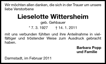 Traueranzeige von Lieselotte Wittersheim  von Echo-Zeitungen (Gesamtausgabe)