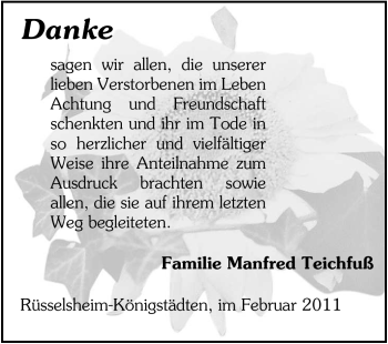 Traueranzeige von Dora Teichfuß von Rüsselsheimer Echo, Groß-Gerauer-Echo, Ried Echo