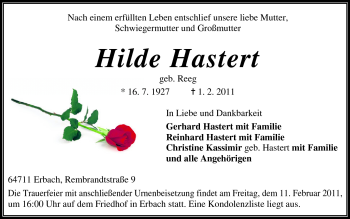 Traueranzeige von Hilde Hastert von Odenwälder Echo