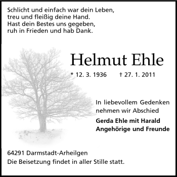 Traueranzeige von Helmut Ehle von Darmstädter Echo, Odenwälder Echo, Rüsselsheimer Echo, Groß-Gerauer-Echo, Ried Echo