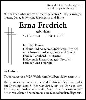 Traueranzeige von Erna Friedrich von Odenwälder Echo