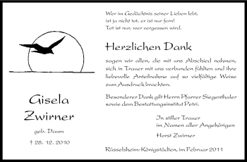 Traueranzeige von Gisela Zwirner von Rüsselsheimer Echo, Groß-Gerauer-Echo, Ried Echo