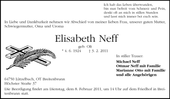 Traueranzeige von Elisabeth Neff von Odenwälder Echo