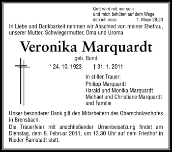 Traueranzeige von Veronika Marquardt von Echo-Zeitungen (Gesamtausgabe)