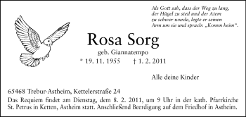 Traueranzeige von Rosa Sorg von Rüsselsheimer Echo, Groß-Gerauer-Echo, Ried Echo