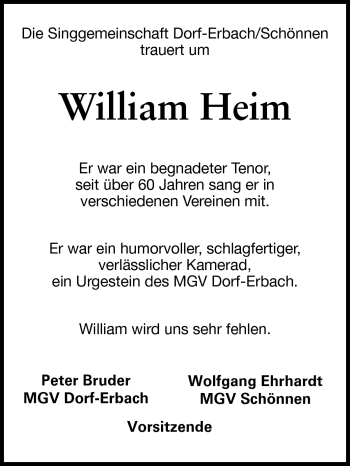 Traueranzeige von William Heim von Odenwälder Echo