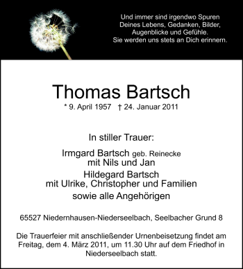 Traueranzeige von Thomas Bartsch von Rüsselsheimer Echo, Groß-Gerauer-Echo, Ried Echo