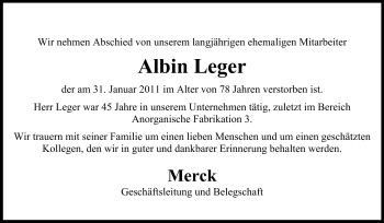 Traueranzeige von Albin Leger von Echo-Zeitungen (Gesamtausgabe)
