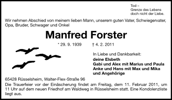 Traueranzeige von Manfred Forster von Rüsselsheimer Echo, Groß-Gerauer-Echo, Ried Echo