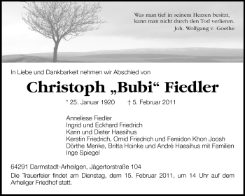 Traueranzeige von Christoph Fiedler von Echo-Zeitungen (Gesamtausgabe)