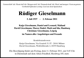 Traueranzeige von Rüdiger Gieselmann von Darmstädter Echo, Odenwälder Echo, Rüsselsheimer Echo, Groß-Gerauer-Echo, Ried Echo