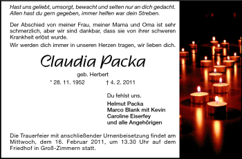 Traueranzeige von Claudia Packa von Echo-Zeitungen (Gesamtausgabe)