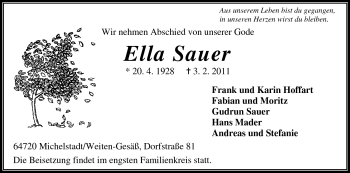Traueranzeige von Ella Sauer von Odenwälder Echo
