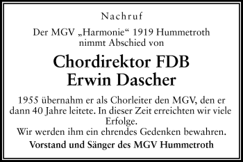 Traueranzeige von Erwin Dascher von Odenwälder Echo