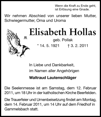 Traueranzeige von Elisabeth Hollas von Odenwälder Echo