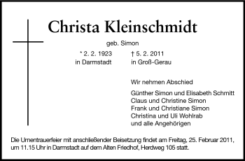 Traueranzeige von Christa Kleinschmidt von Echo-Zeitungen (Gesamtausgabe)