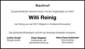 Traueranzeige von Willi Reinig von Starkenburger Echo