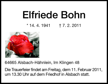 Traueranzeige von Elfriede Bohn von Echo-Zeitungen (Gesamtausgabe)