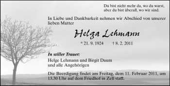Traueranzeige von Helga Lehmann von Odenwälder Echo