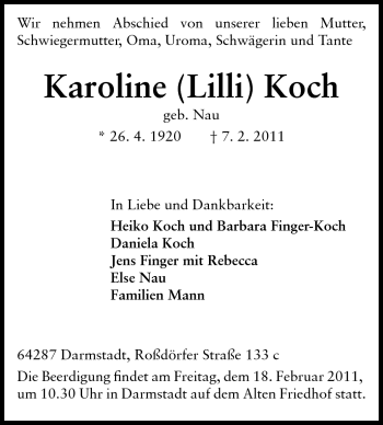 Traueranzeige von Karoline Koch von Echo-Zeitungen (Gesamtausgabe)