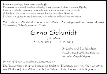 Traueranzeige von Erna Schmidt von Odenwälder Echo