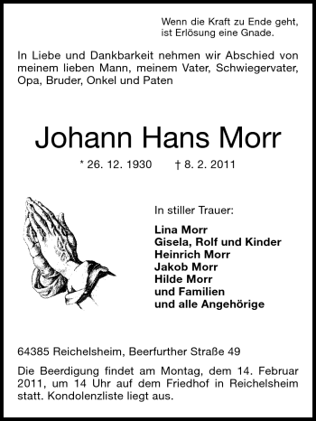 Traueranzeige von Johann Hans Morr von Odenwälder Echo