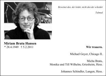 Traueranzeige von Miriam Bratu Hansen von Echo-Zeitungen (Gesamtausgabe)