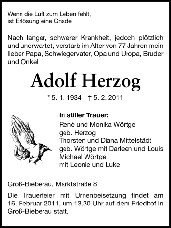 Traueranzeige von Adolf Herzog von Echo-Zeitungen (Gesamtausgabe)
