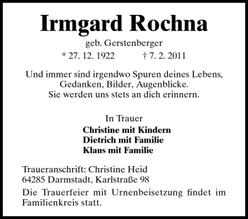 Traueranzeige von Irmgard Rochna von Echo-Zeitungen (Gesamtausgabe)