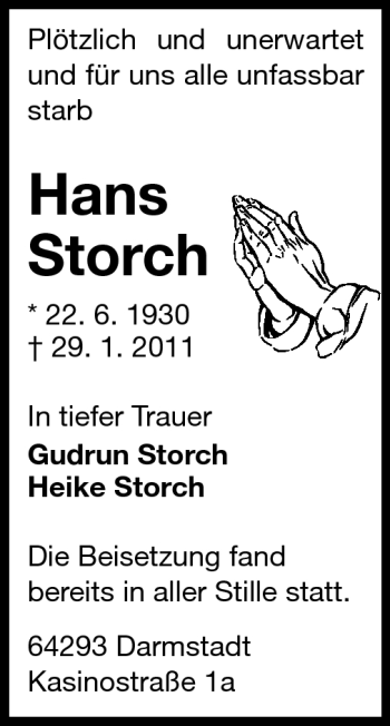 Traueranzeige von Hans Storch  von Echo-Zeitungen (Gesamtausgabe)