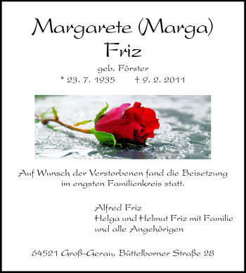 Traueranzeige von Margarete Friz von Rüsselsheimer Echo, Groß-Gerauer-Echo, Ried Echo