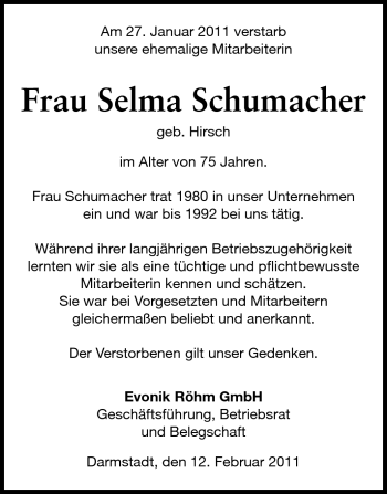 Traueranzeige von Selma Schumacher von Echo-Zeitungen (Gesamtausgabe)