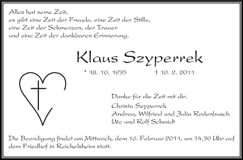 Traueranzeige von Klaus Szyperrek von Odenwälder Echo