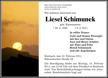 Traueranzeige von Liesel Schimunek von Starkenburger Echo