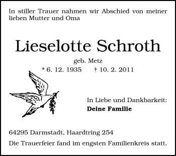 Traueranzeige von Lieselotte Schroth von Darmstädter Echo, Odenwälder Echo, Rüsselsheimer Echo, Groß-Gerauer-Echo, Ried Echo