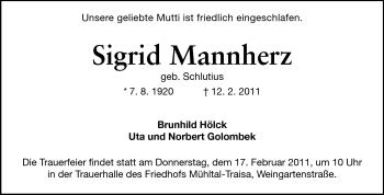 Traueranzeige von Sigrid Mannherz von Darmstädter Echo, Odenwälder Echo, Rüsselsheimer Echo, Groß-Gerauer-Echo, Ried Echo