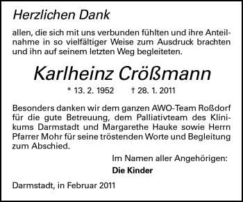 Traueranzeige von Karlheinz Crößmann von Darmstädter Echo, Odenwälder Echo, Rüsselsheimer Echo, Groß-Gerauer-Echo, Ried Echo