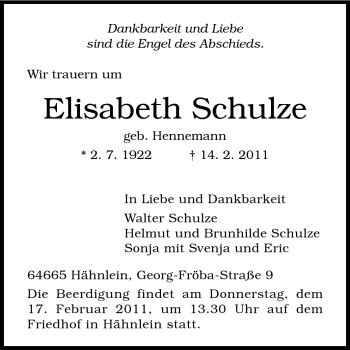 Traueranzeige von Elisabeth Schulze von Echo-Zeitungen (Gesamtausgabe)