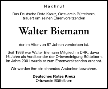 Traueranzeige von Walter Biemann von Rüsselsheimer Echo, Groß-Gerauer-Echo, Ried Echo