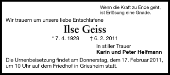 Traueranzeige von Ilse Geiss von Echo-Zeitungen (Gesamtausgabe)