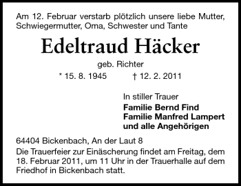 Traueranzeige von Edeltraud Häcker von Echo-Zeitungen (Gesamtausgabe)