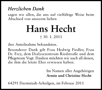 Traueranzeige von Hans Hecht von Echo-Zeitungen (Gesamtausgabe)