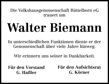 Traueranzeige von Walter Biemann von Rüsselsheimer Echo, Groß-Gerauer-Echo, Ried Echo