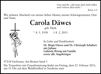 Traueranzeige von Caroline Däwes von Rüsselsheimer Echo, Groß-Gerauer-Echo, Ried Echo
