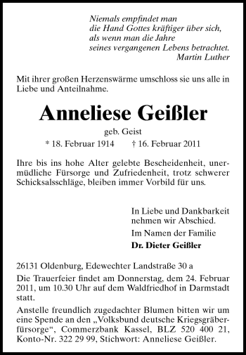 Traueranzeige von Anneliese Geißler von Darmstädter Echo, Odenwälder Echo, Rüsselsheimer Echo, Groß-Gerauer-Echo, Ried Echo