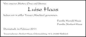Traueranzeige von Luise Haas von Darmstädter Echo, Odenwälder Echo, Rüsselsheimer Echo, Groß-Gerauer-Echo, Ried Echo