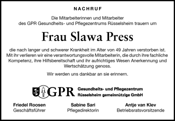Traueranzeige von Slawa Press von Rüsselsheimer Echo, Groß-Gerauer-Echo, Ried Echo