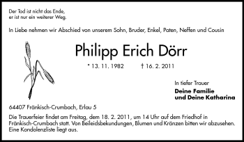 Traueranzeige von Philipp Erich Dörr von Darmstädter Echo, Odenwälder Echo, Rüsselsheimer Echo, Groß-Gerauer-Echo, Ried Echo