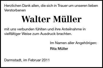 Traueranzeige von Walter Müller von Darmstädter Echo, Odenwälder Echo, Rüsselsheimer Echo, Groß-Gerauer-Echo, Ried Echo